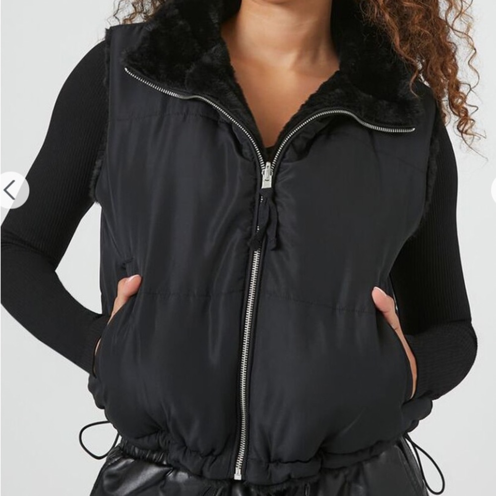 Reversible faux fur black puffer vest